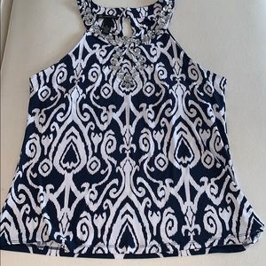 INC White and blue top w glam beading neckline
